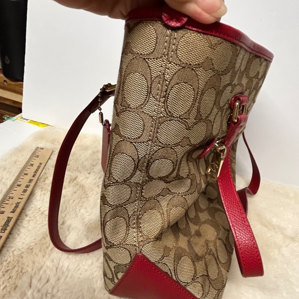 Coach Signature Gallery Tote Khaki Red Leather Trim Canvas Shoulder Bag F55364 - Picture 11 of 15